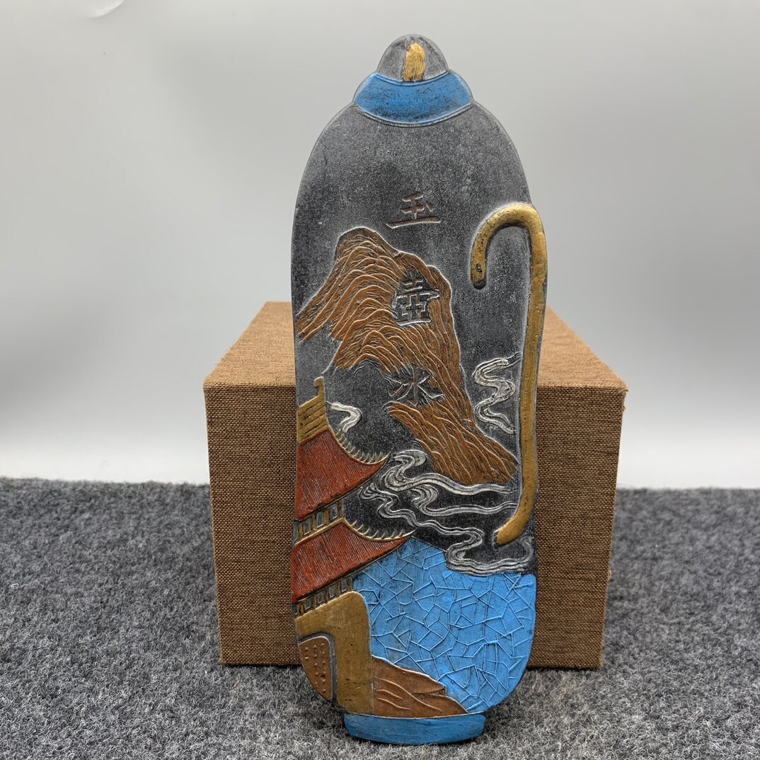 古董古玩杂项收藏仿古黑墨块墨锭 描金彩绘献寿图家居摆件新品