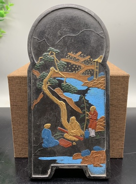 古董古玩杂项收藏仿古黑墨块墨锭 描金彩绘三台家居摆件新品