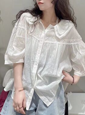 BOLATU柏拉图22082  夏季宫廷风双层领日系纯色五分袖棉麻衬衣女