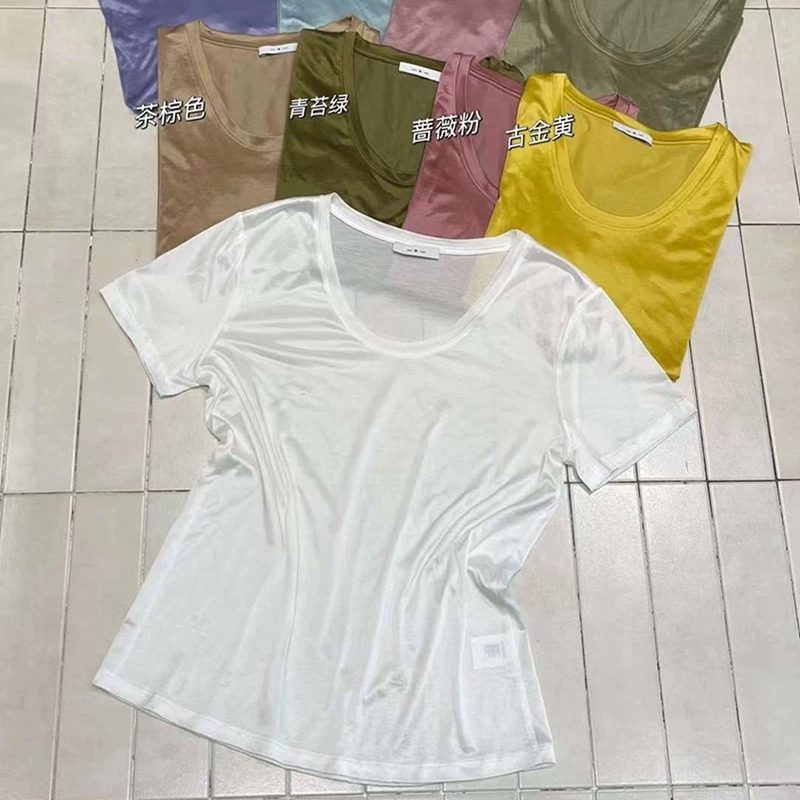 欧洲站闰熙RUNXI夏季新款凉感缎面冰凉面膜T恤女锁骨U领短袖显瘦t