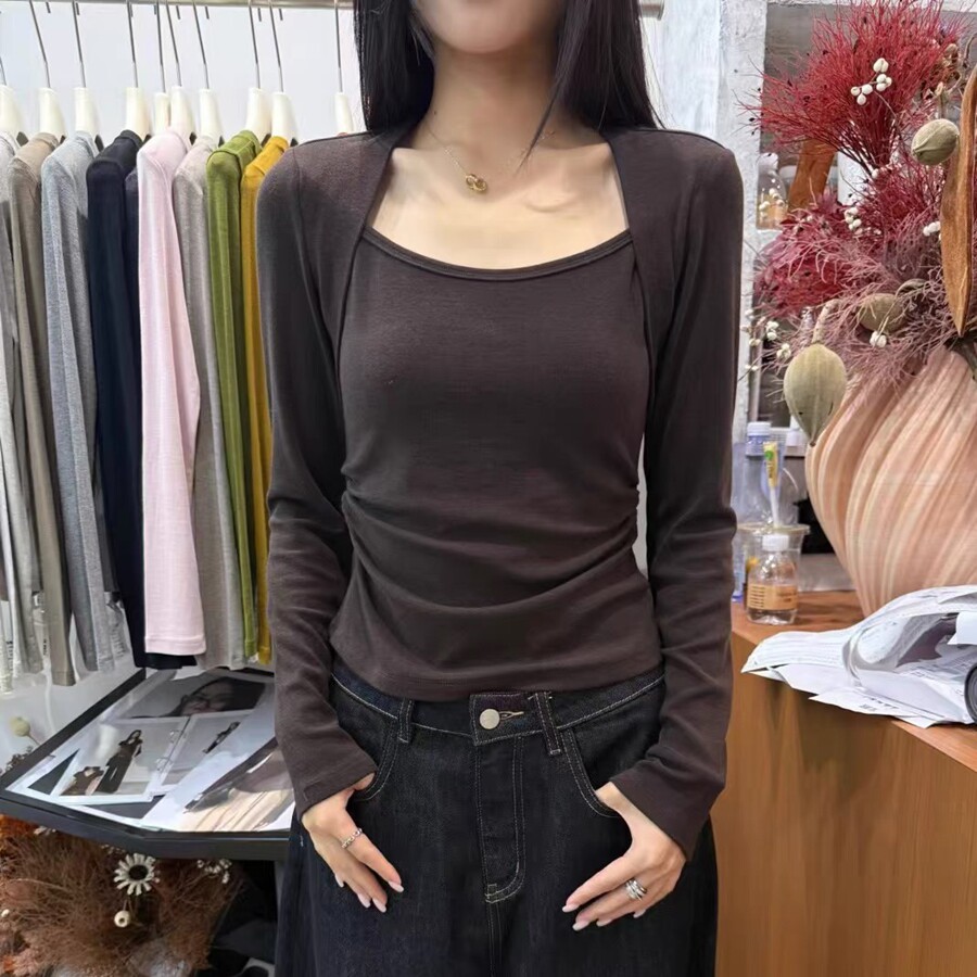 长袖韩系方领侧边褶皱女