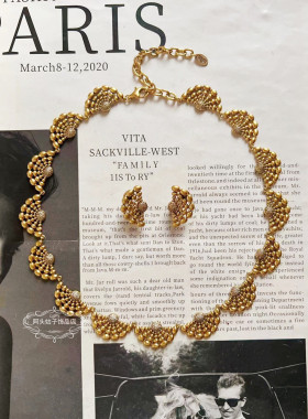 欧美宫廷风中古vintage复古气质做旧金属扇形闪钻短款项链耳环女