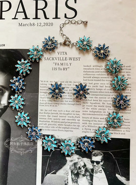 欧美宫廷风中古vintage复古气质蓝色冰雪花朵闪钻项链耳环套装女