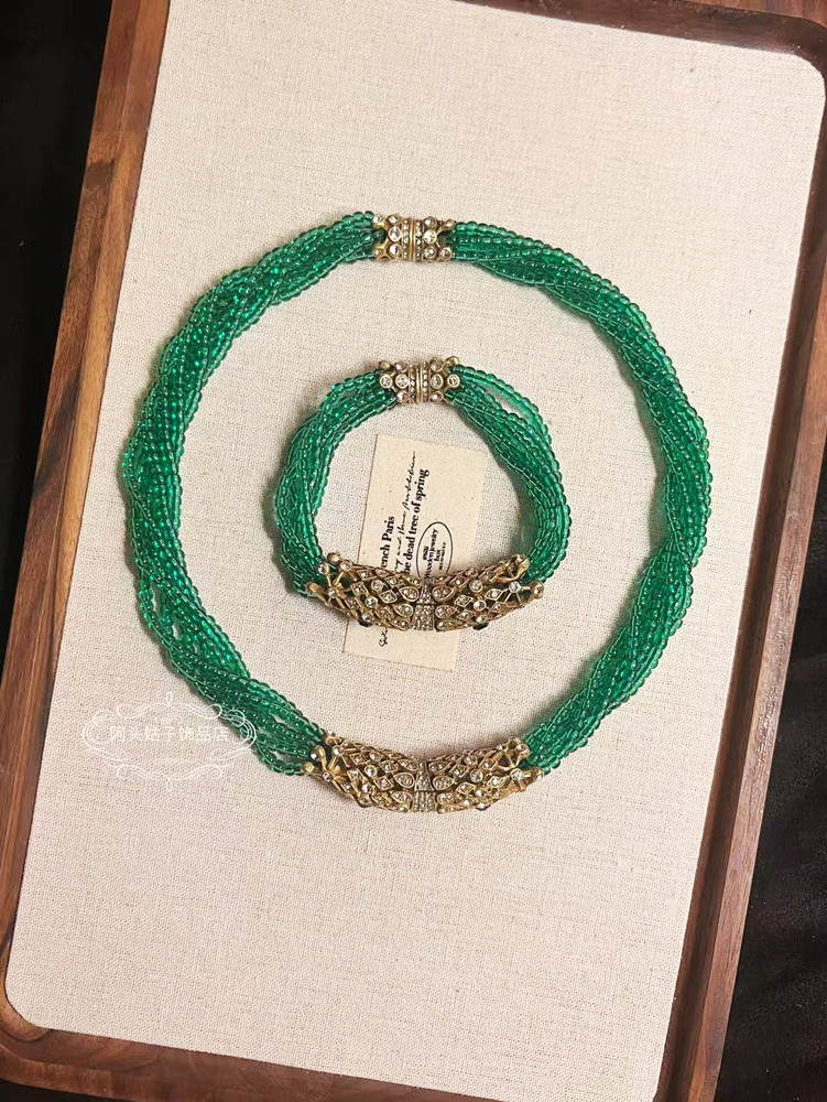 欧美宫廷风中古vintage复古气质做旧闪钻绿色串珠多层手链项链女