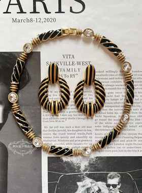 欧美宫廷风中古vintage复古气质黑色条纹滴油金属耳环短款项链女