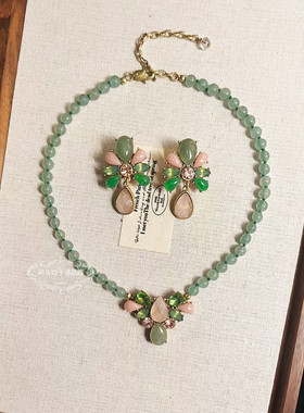 欧美宫廷中古vintage复古气质绿粉色水滴天然石串珠短项链耳环女