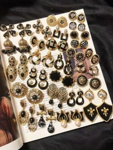 欧美宫廷中古vintage复古气质铜镀金黑色琉璃滴油闪钻做旧耳环女