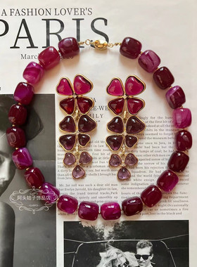 欧美宫廷中古vintage复古气质玛瑙天然石串珠短款项链琉璃耳环女