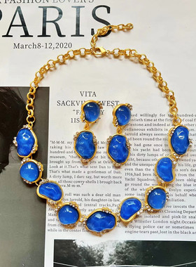 欧美宫廷风vintage蓝色耳环项链
