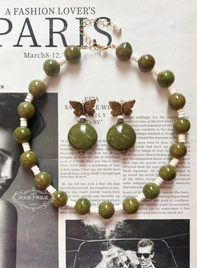 欧美宫廷风中古vintage复古气质绿色陶瓷串珠做旧蝴蝶项链耳环女