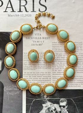 欧美宫廷中古vintage复古气质薄荷绿椭圆金属耳环手链短款项链女