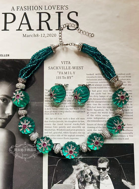 欧美宫廷中古vintage复古气质绿色树脂南瓜珠闪钻串珠项链耳环女