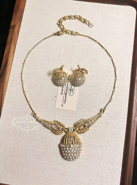 欧美宫廷中古vintage复古铜镀金做旧椭圆树叶闪钻项链耳环手链女