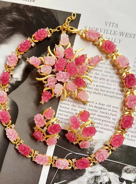 欧美风vintage复古宫廷气质粉色渐变玫瑰花胸针项链耳环套装女