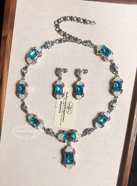 欧美宫廷中古vintage复古气质浅蓝色方形闪钻短款项链耳环套装女