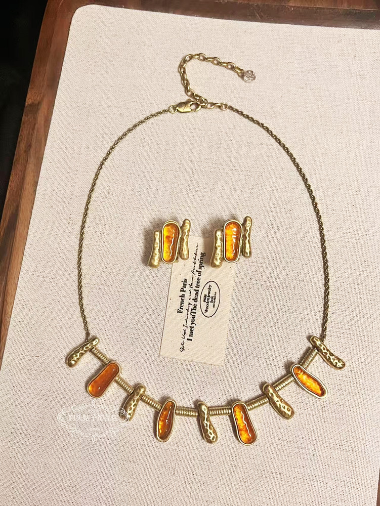 欧美宫廷风中古vintage复古铜镀金做旧琥珀色几何短款项链耳环女