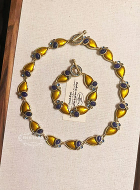 欧美宫廷风中古vintage复古气质铜镀金做旧滴油天然石项链手链女