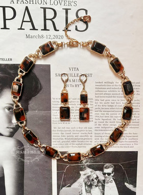 欧美宫廷中古vintage复古气质长方形豹纹醋酸玳瑁闪钻项链耳环女