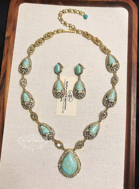 欧美宫廷中古vintage复古气质做旧蓝松石闪钻水滴金属项链耳环女