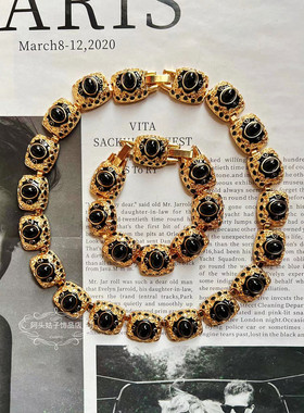 欧美中古风vintage复古气质黑色琉璃几何方形金属短款项链手链女