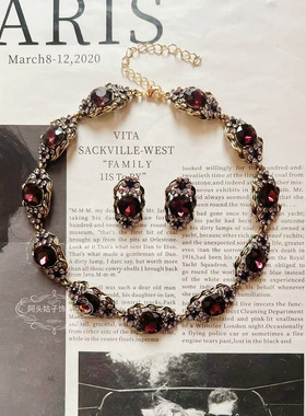 欧美宫廷风中古vintage复古气质做旧紫色闪钻短款项链手链耳环女