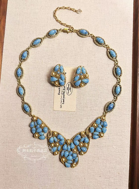 欧美宫廷风中古vintage复古气质做旧蓝色几何珍珠项链耳环套装女