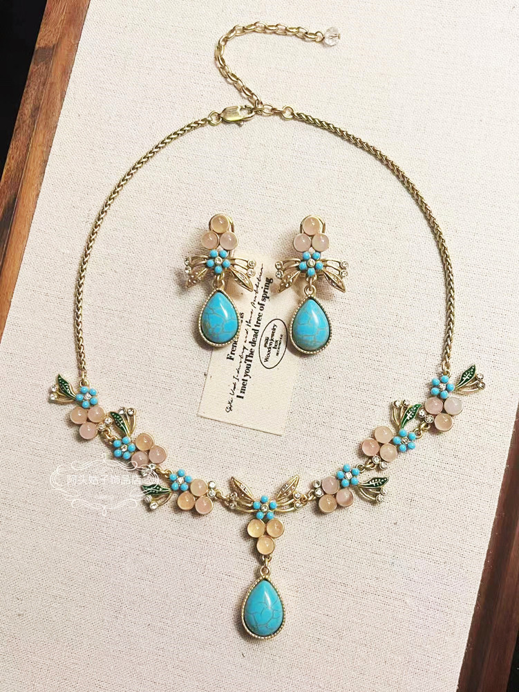 欧美宫廷中古vintage复古气质做旧水滴蓝松石花朵短款项链耳环女