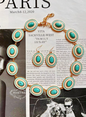 欧美宫廷椭圆蓝绿天然石项链耳环