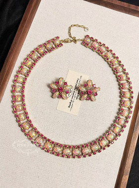 欧美宫廷风中古vintage复古气质做旧粉色花朵闪钻项链手链耳环女