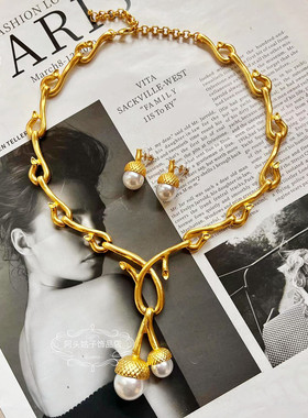 欧美中古复古松果珍珠耳环项链女