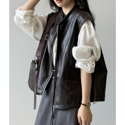 复古PU皮马甲夹克女机车服外套