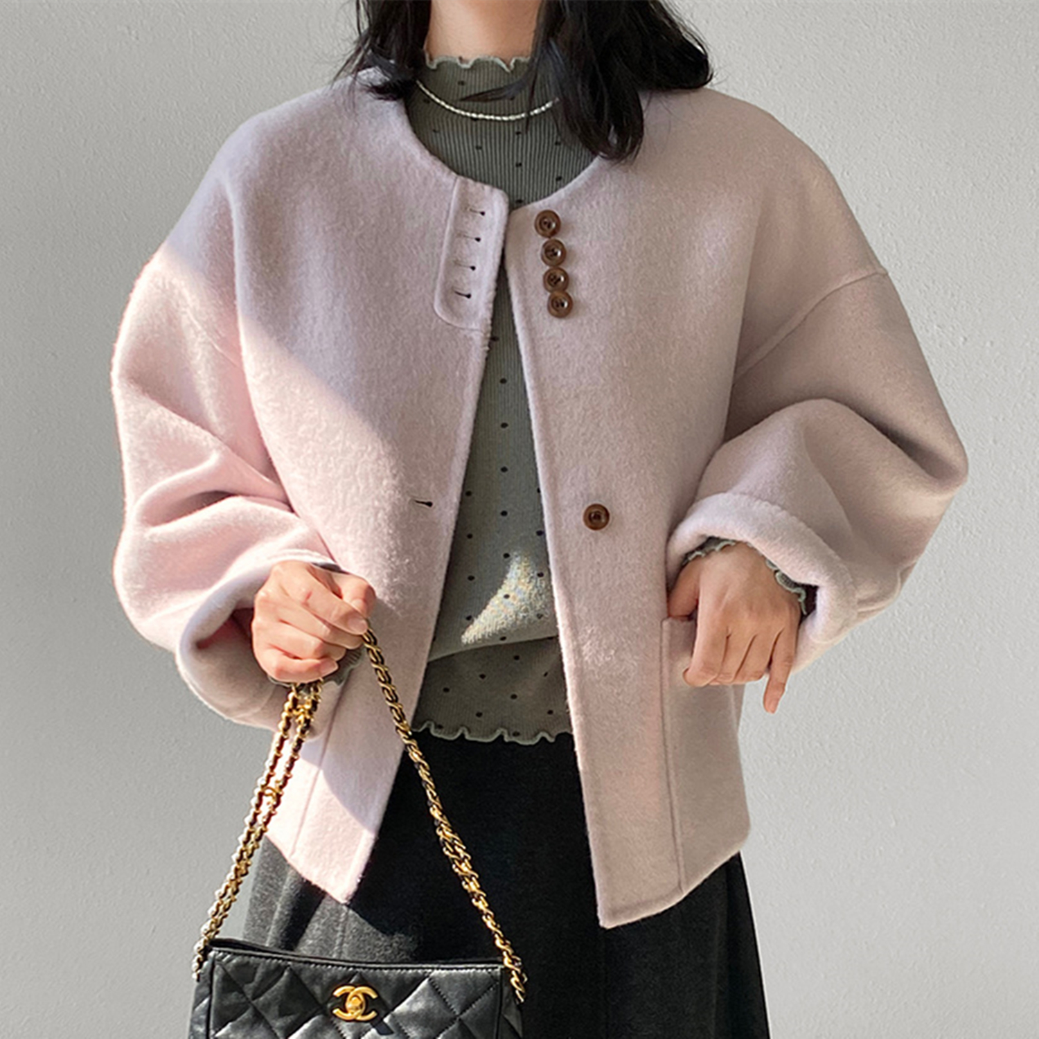 紫色小个子双面羊毛毛呢外套女