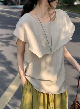 法式短袖衬衫女2026年夏季新款气质高级感气质拼接荷叶边披肩上衣