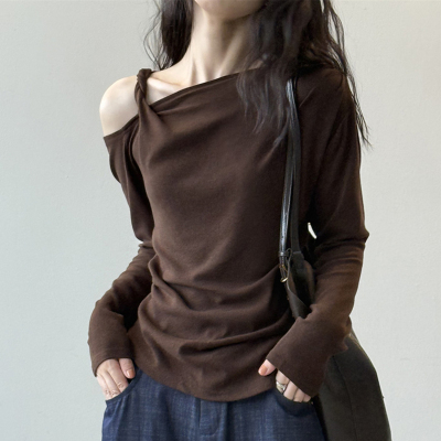 高级感斜肩扭结长袖T恤女针织衫