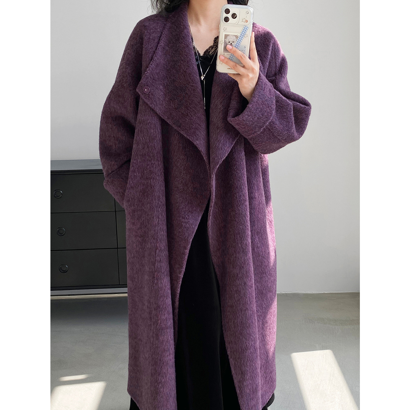 紫色双面羊毛呢子大衣女毛呢外套