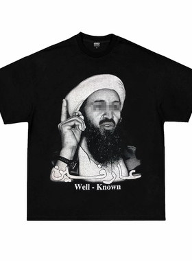 Bin Laden well known打码美式复古重磅纯棉宽松小领口短袖T恤