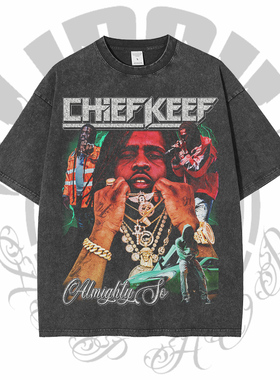 Chief Keef vintage t shirt水洗做旧复古嘻哈说唱小圆领短袖t恤