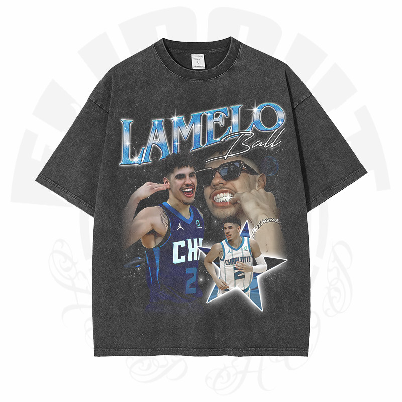 lamelo ball黄蜂三球鲍尔印花美式高街头篮球复古水洗纯棉短袖t恤