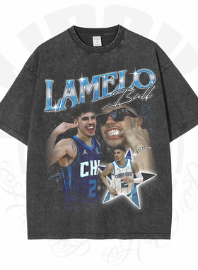 LaMelo Ball黄蜂三球鲍尔印花美式高街头篮球复古水洗纯棉短袖T恤
