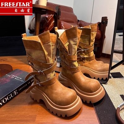 自由星25新款皮带扣小个子7cm厚底真皮中筒马丁靴女机车靴骑士靴