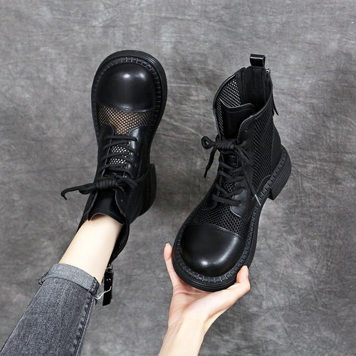 女夏季短靴真皮镂空洞高帮凉鞋透气网面马丁靴女韩版网眼网纱凉靴