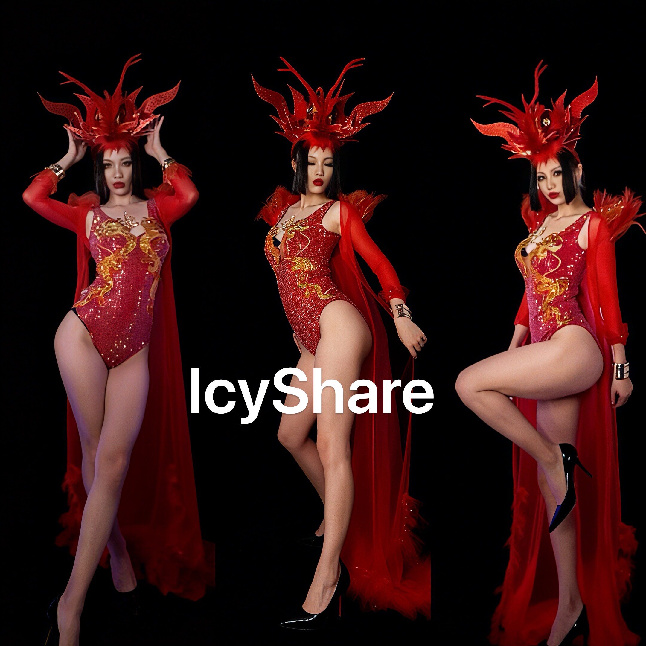 红色爆闪国风亮片刺绣欧美性感连体火焰披风酒吧演出服大秀GOGO女