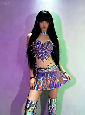 幻彩镜面漆皮金属色皮革面料演出服装cos摇滚女歌手Gogo服装定制