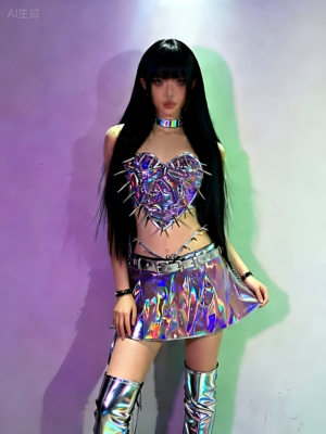 幻彩镜面漆皮金属色皮革面料演出服装cos摇滚女歌手Gogo服装定制