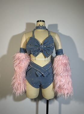 重工弹力牛仔原创闪钻蝴蝶结gogo演出服粉色毛绒手套辣妹露背可爱