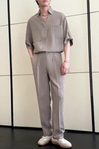 2025夏冰丝落肩短袖衬衫时尚套装直筒休闲裤两件套A202TZ128P120图片