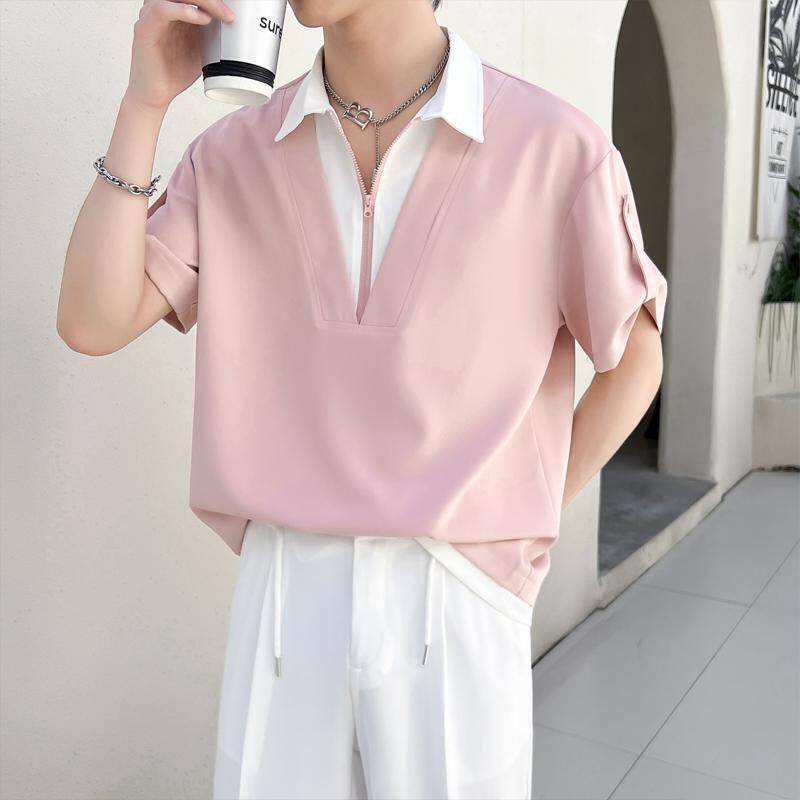 夏季设计感假两件短袖衬衫男士痞帅套头半袖冰丝衬衣A202CS628P55,男装衬衫,星座1311（原A202）