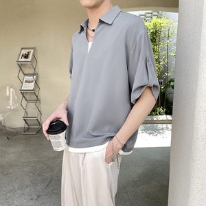 2025冰丝套头假两件落肩宽松男短袖衬衫抖音A202CS013P55控78图片