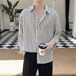 2025夏款条纹衬衫高级感薄款衬衣轻熟风痞帅长袖垂感A202CS808P60图片