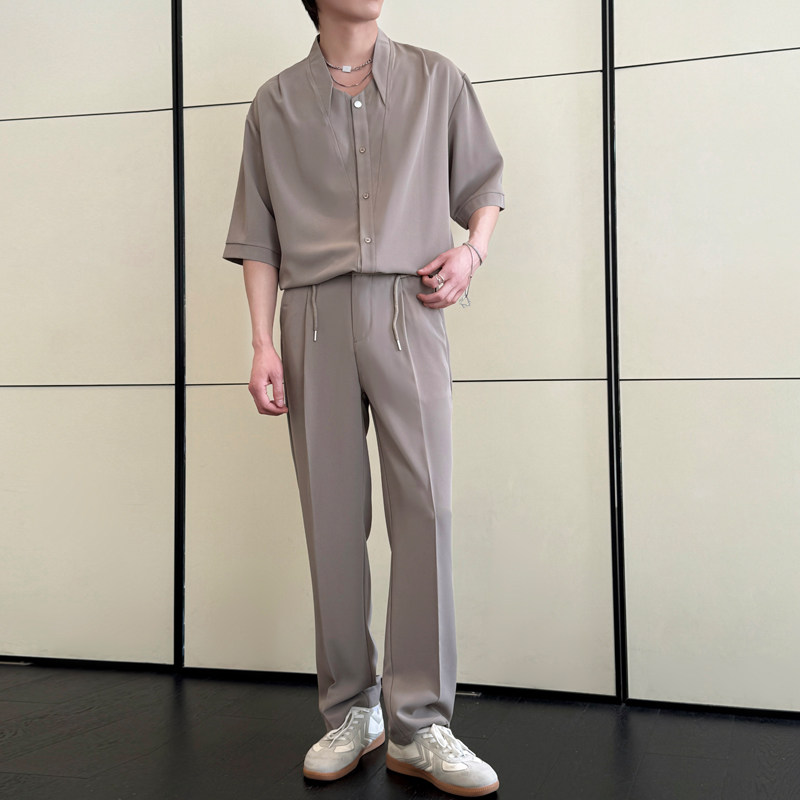 2025夏新款男士短袖衬衫潮流痞帅冰丝直筒长裤套装A202TZ615P120,男装衬衫,星座1311（原A202）